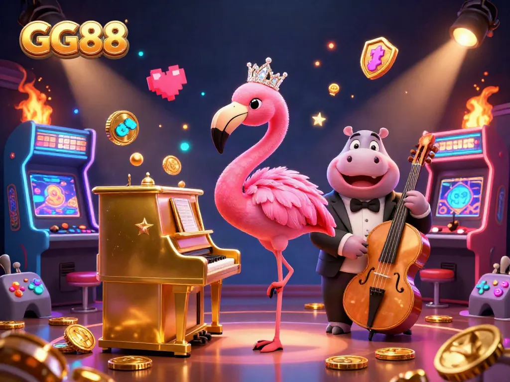 Engage with GG88 in this lively 3D casino scene featuring colorful game elements and dynamic characters.