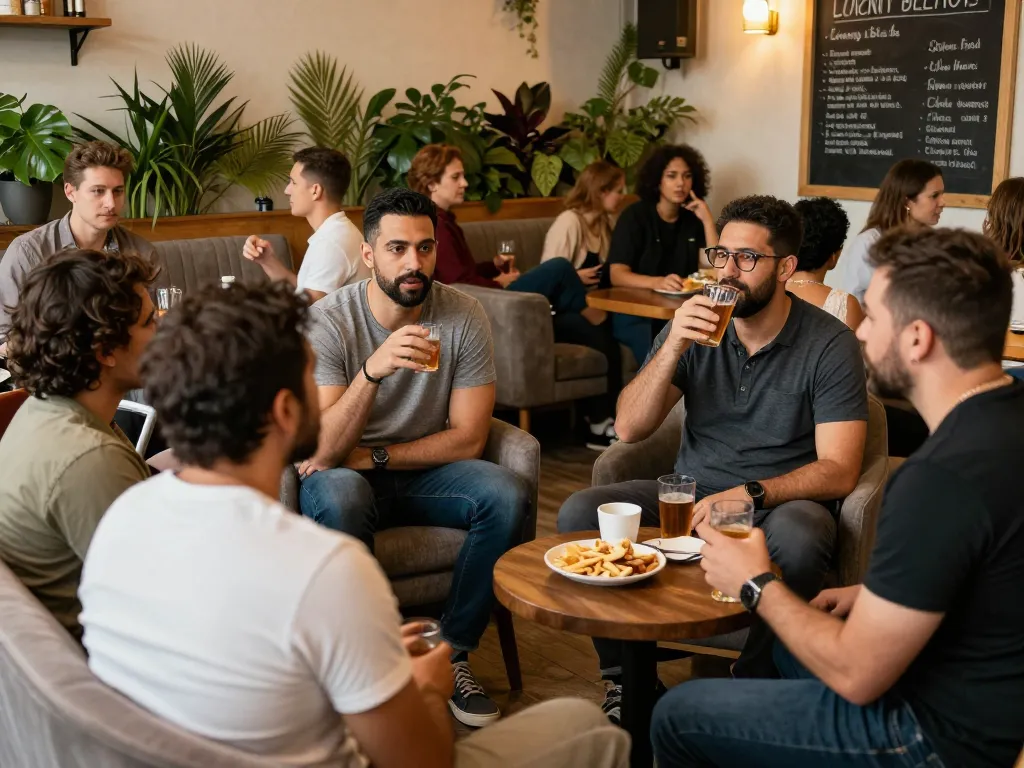 Engaging man club gathering fostering support and camaraderie in a warm setting.