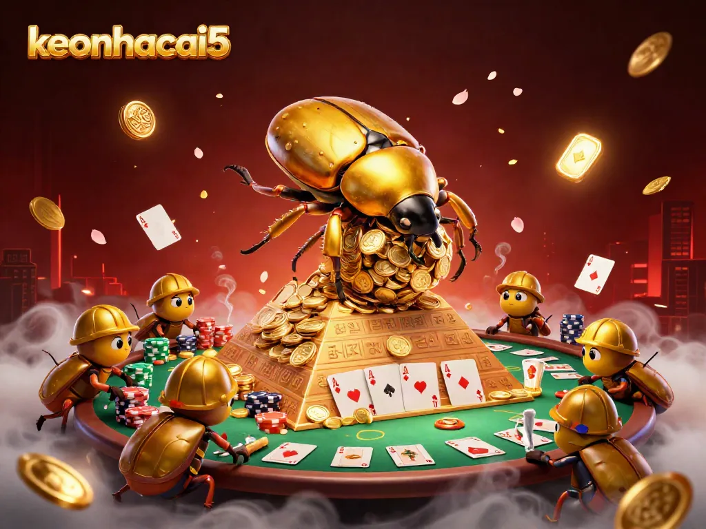 Engage with keonhacai5 as golden beetles celebrate big wins inside a vibrant casino scene.