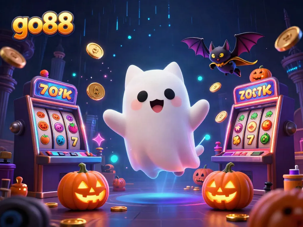 Experience thrilling jackpots with go88 in a vibrant haunted casino illustrated scene.