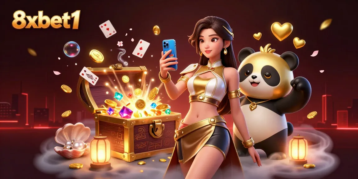 Engage with 8xbet1's casino games featuring an elegant Asian woman and a golden panda in a lively scene.