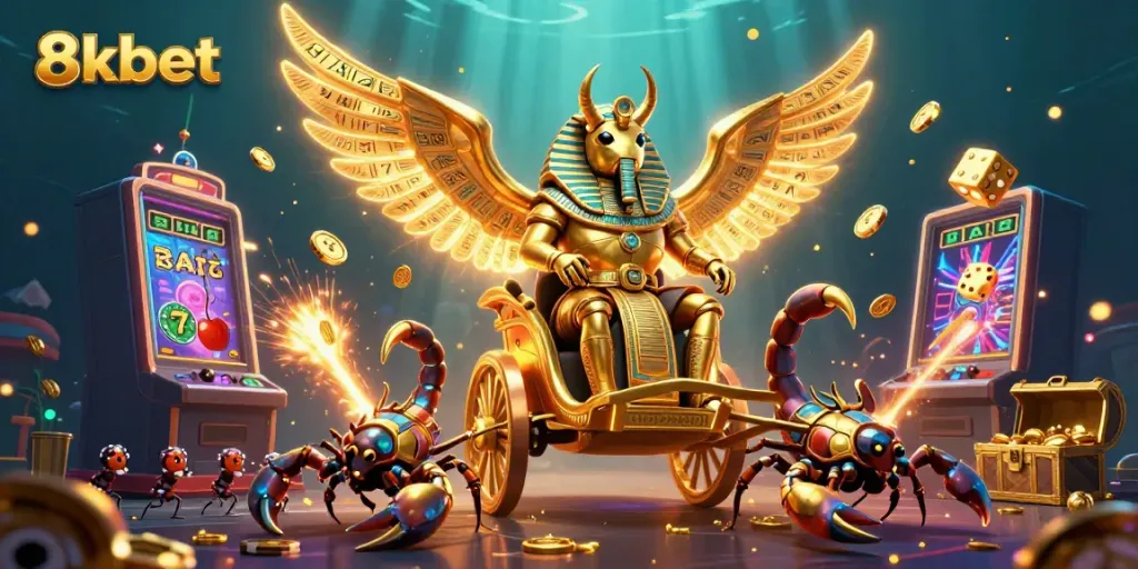 Engage with the vibrant world of 8kbet through a stunning casino-themed 3D illustration featuring captivating characters and dynamic elements.