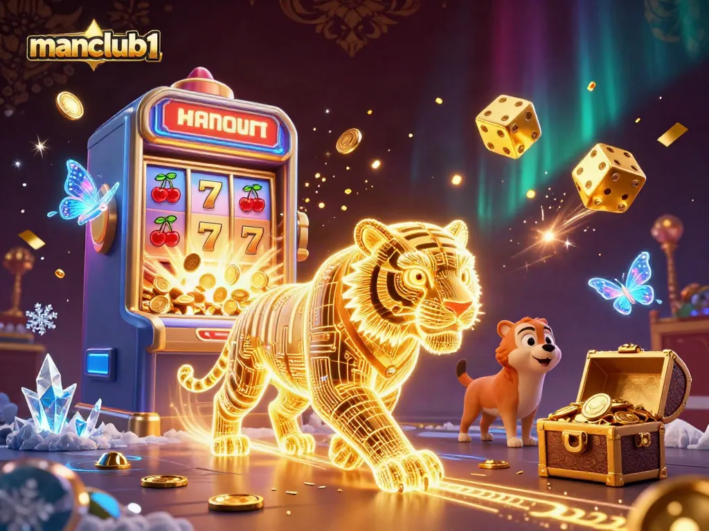 Experience thrilling wins at manclub1 with a neon tiger amidst a vibrant digital casino landscape.