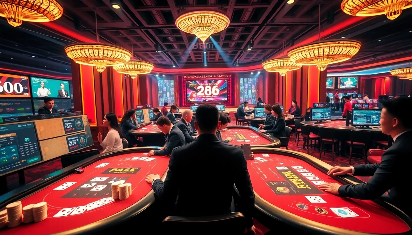 Exciting online casino gaming at 98win with players, cards, and vibrant lighting.