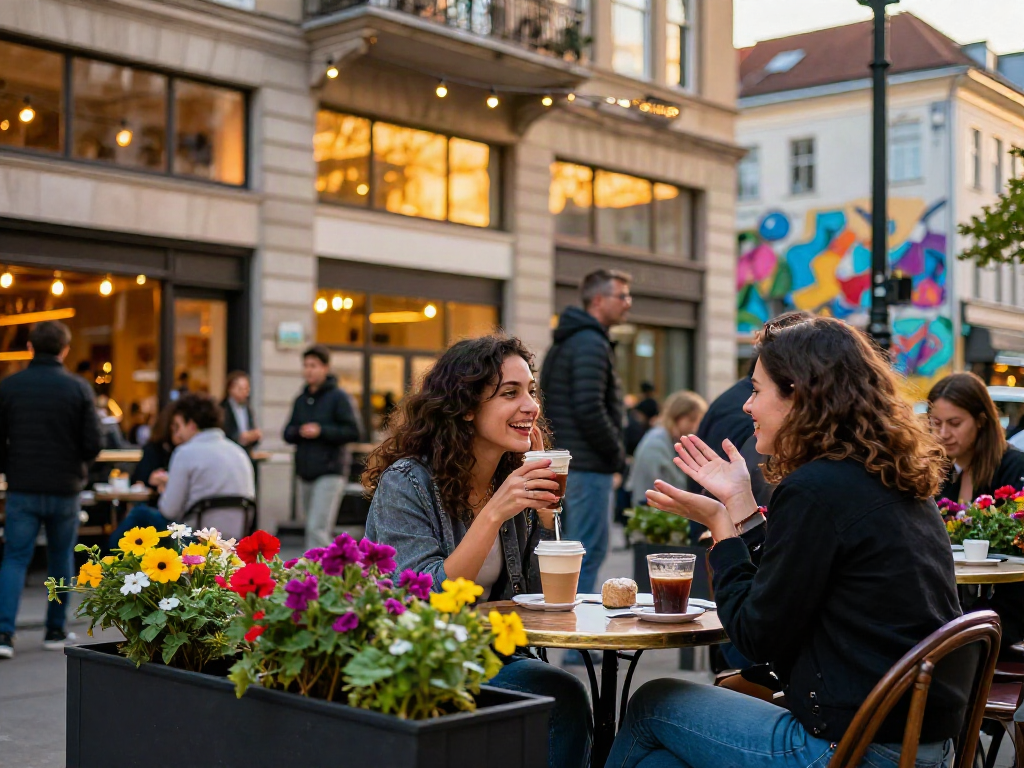 Young woman crush on a friend in a lively urban café scene.