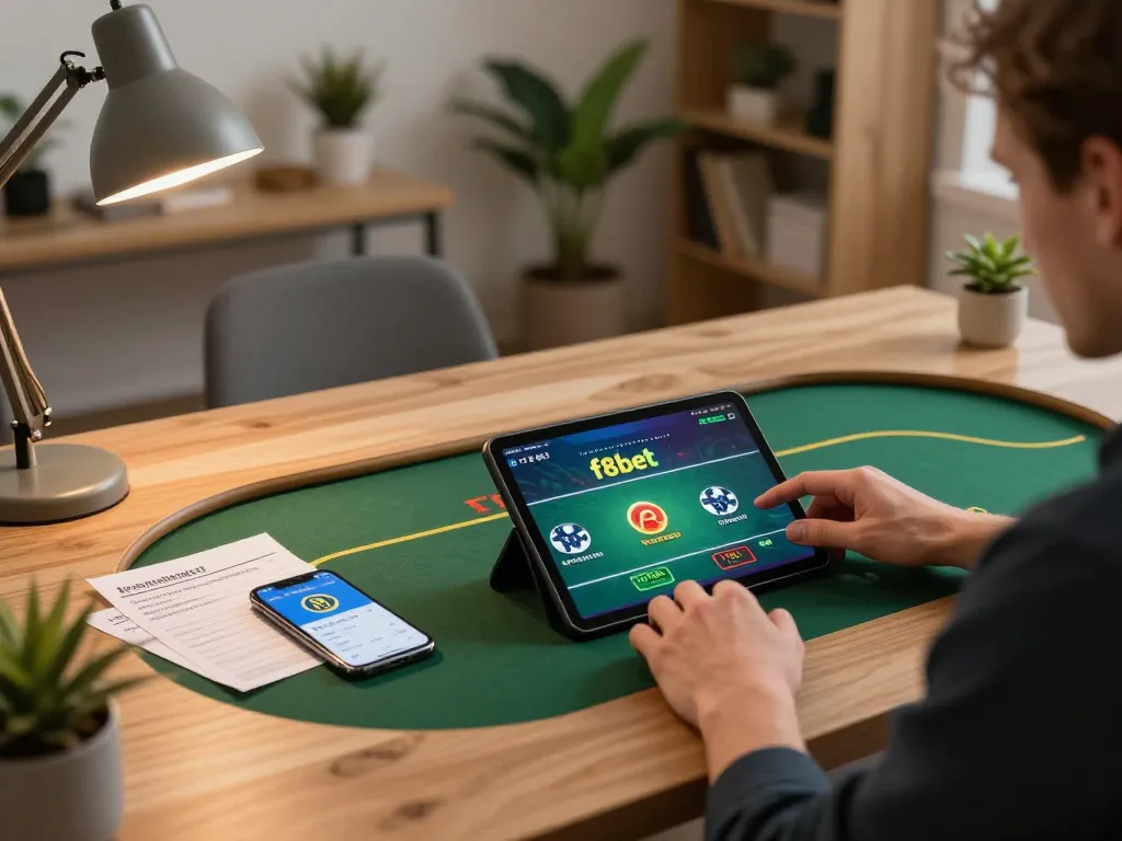 Player engaging in online poker on f8bet app, showcasing strategic play and cozy home setup.