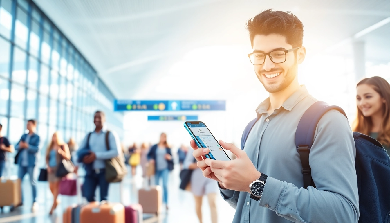 Apply for your eta application uk through a mobile device at a busy airport.