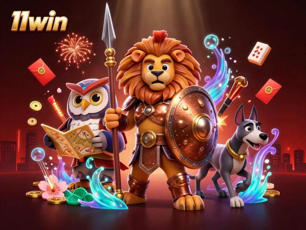 Engage with 11win's vibrant casino scene featuring a heroic lion surrounded by spinning slots and festive symbols.