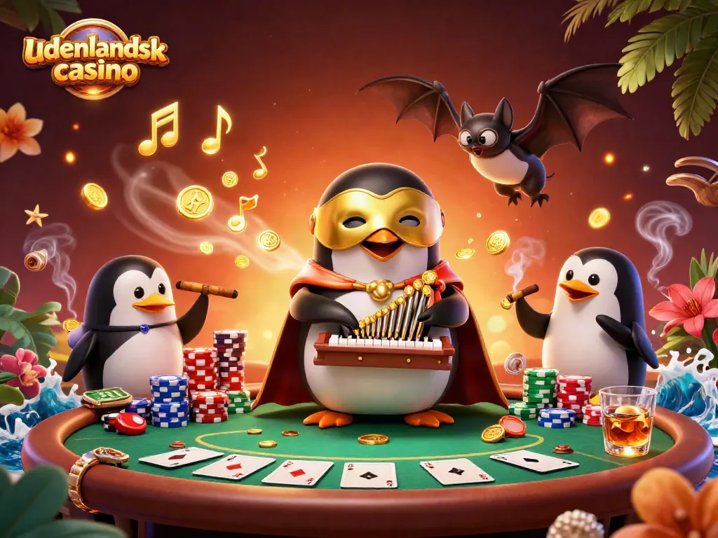 Experience the excitement of udenlandsk casino with a penguin organist and floating poker elements in a vibrant 3D scene.