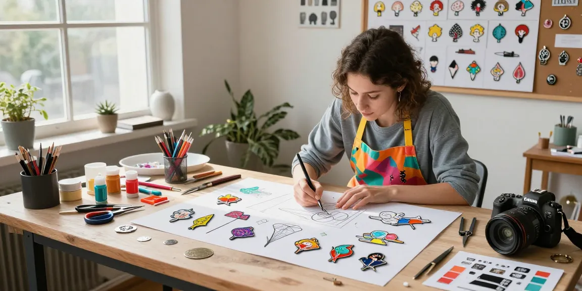 Creative designer crafting custom enamel pins in a bright studio with vibrant materials.
