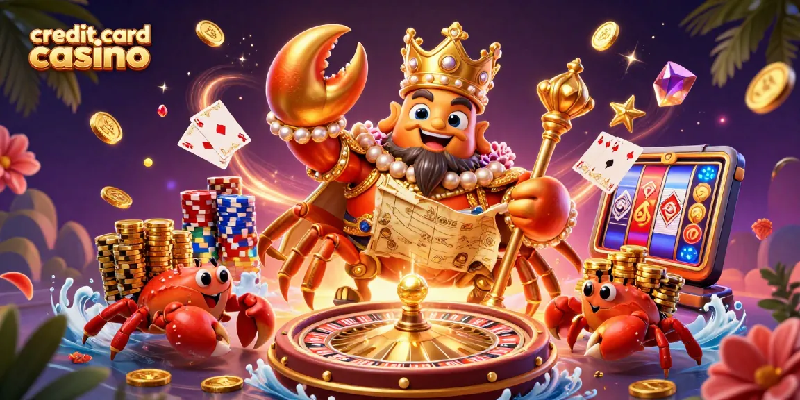 Engage with a vibrant scene showcasing a credit card casino, featuring a crab emperor and treasure-laden hermit crabs.