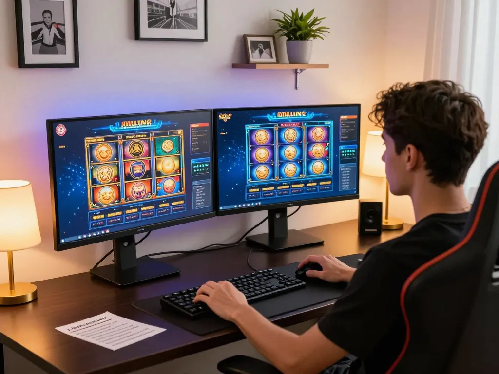 Nohu90 player engaging with vibrant online slots at home, showcasing responsible gambling approach and bankroll management.