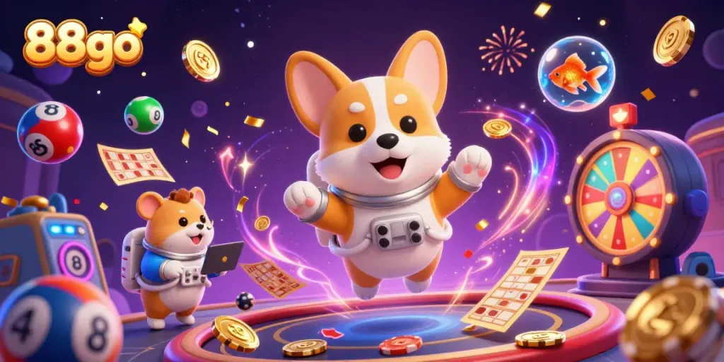 Experience thrilling games with 88go featuring a floating corgi, vibrant poker chips, and lottery elements.