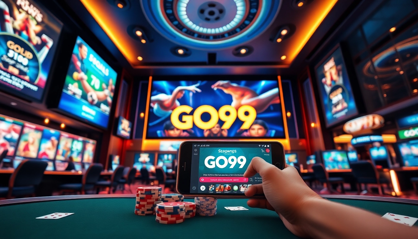 Dynamic gaming scene showcasing GO99 with modern casino elements and mobile app interface.