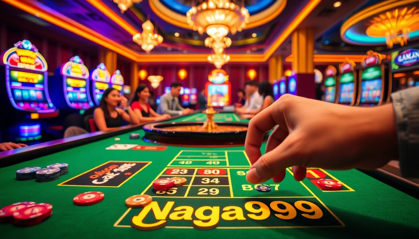 Naga99 players winning at a roulette table with vibrant casino lights and poker chips.