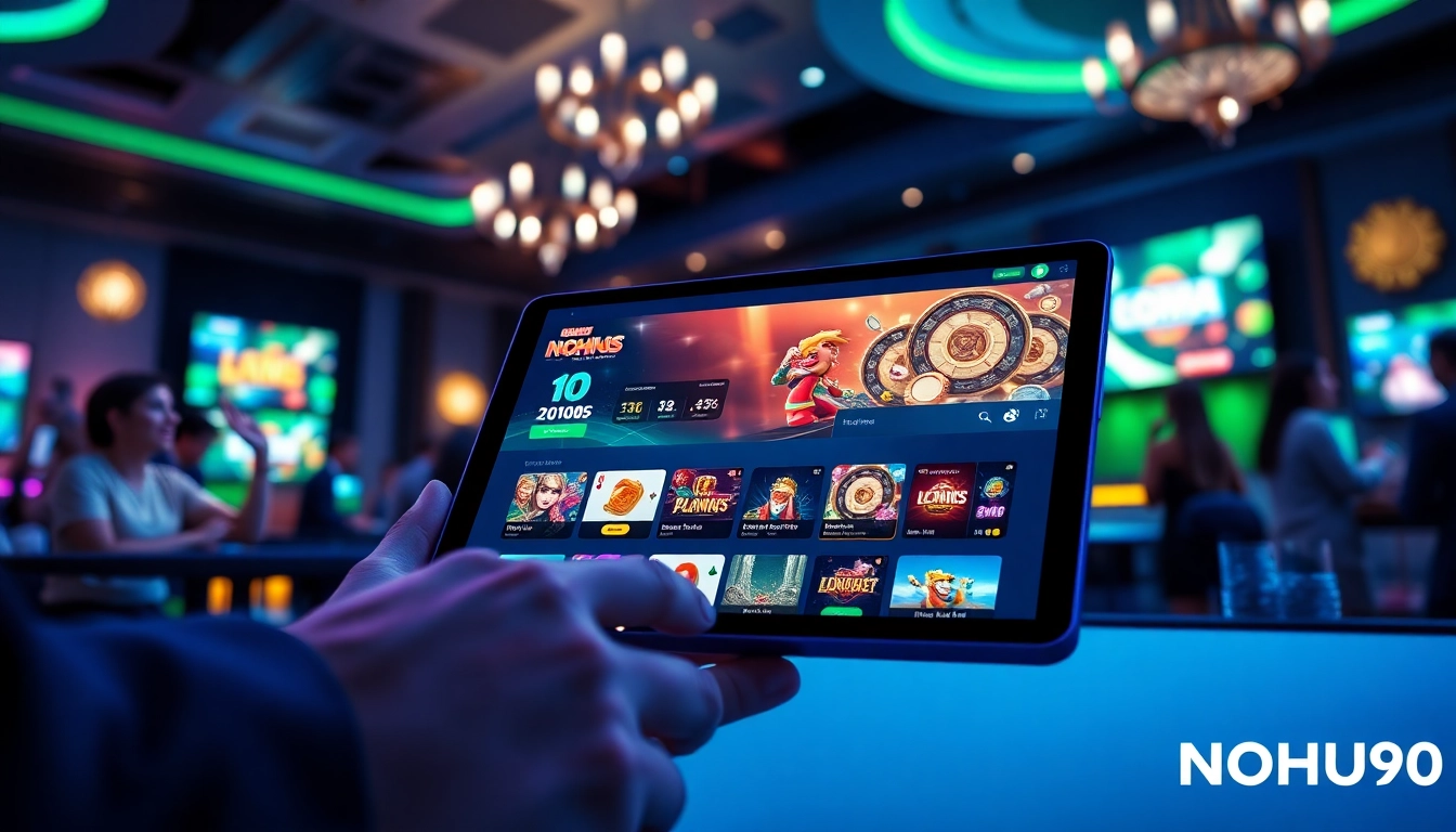 NOHU90 gaming interface showcasing slots and casino games in an engaging lounge setting.