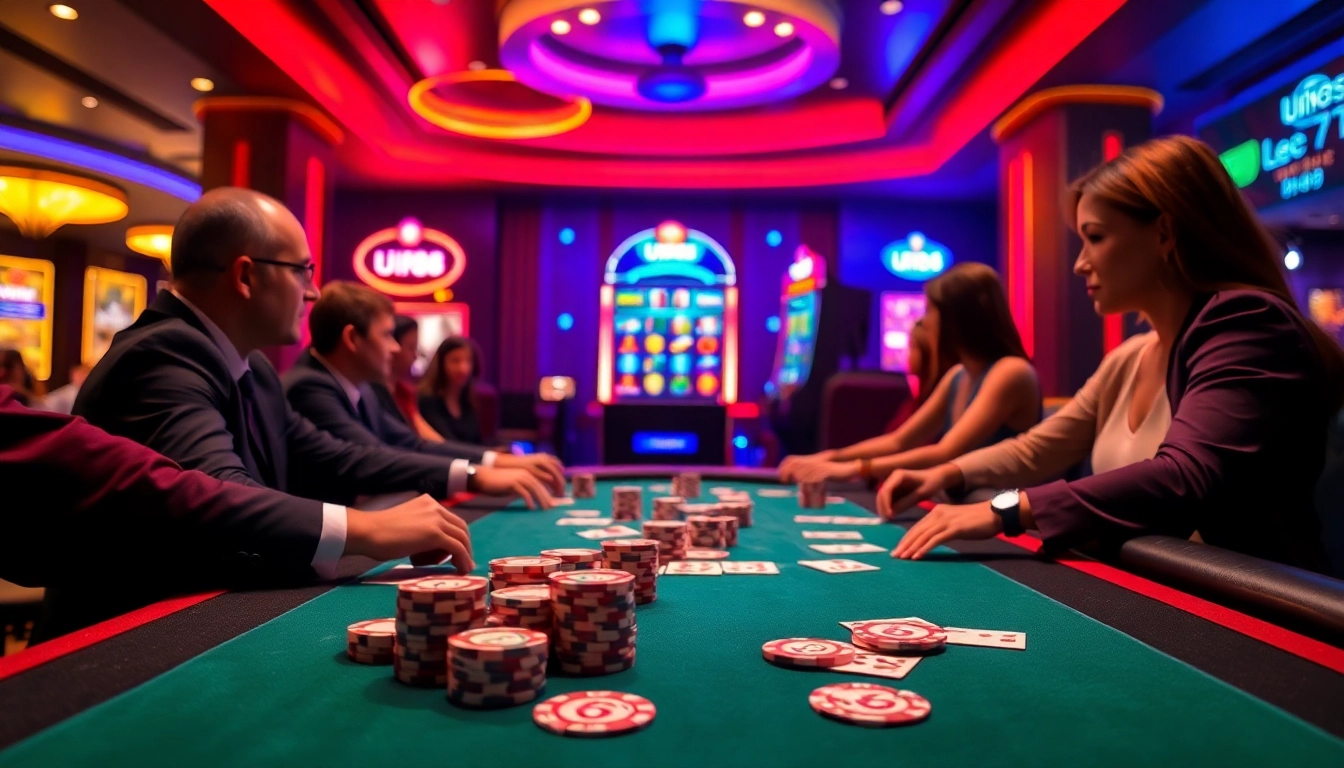 Players enjoying a thrilling poker game at UU88, surrounded by glamorous casino elements.