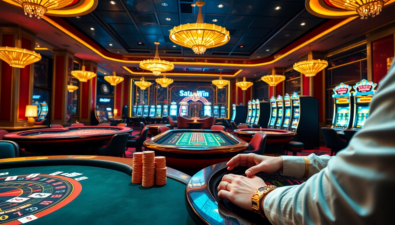 Experience the thrilling gameplay at 78Win casino, showcasing luxurious gambling tables and vibrant slot machines.