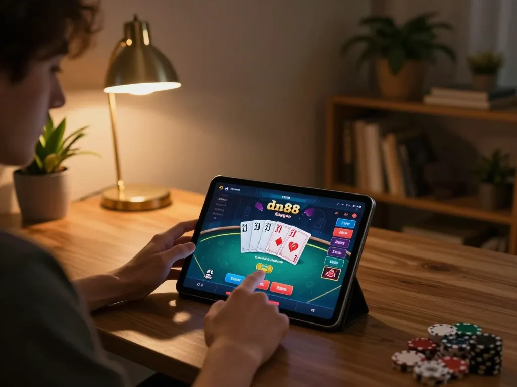 Engaging scene of a user performing dn88 đăng nhập on a tablet, immersing in online casino gameplay with vibrant visuals.