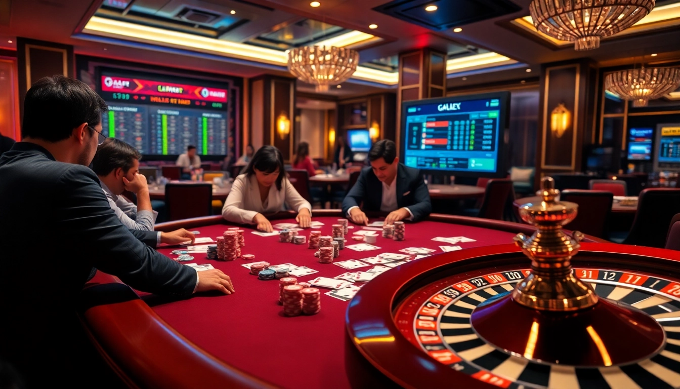 High-stakes poker table at Nhà Cái GA88, with colorful chips and engaged players in a luxurious casino setting.