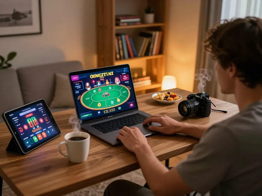 Player enjoying an online poker game with ok365 on a sleek laptop in a cozy home setting.