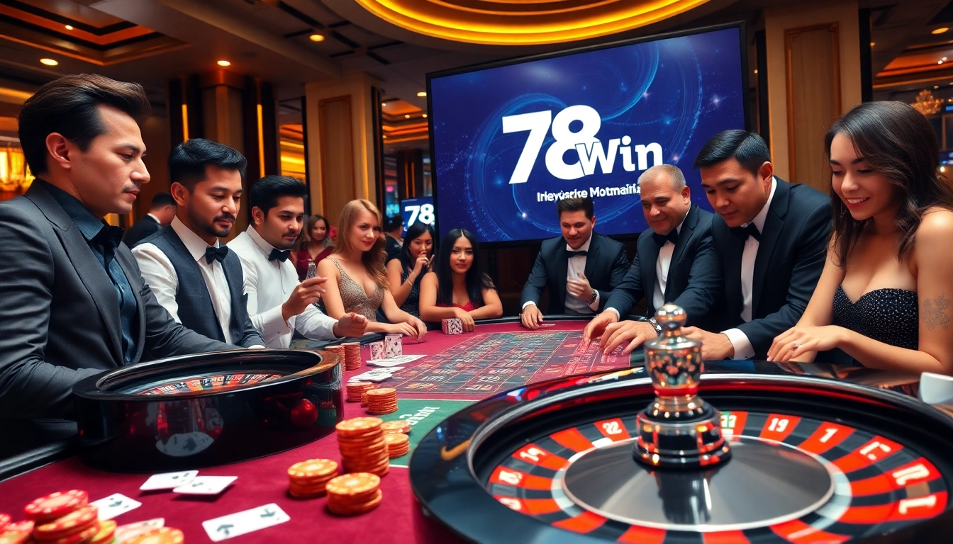 A thrilling poker scene at 78Win featuring vibrant chips, cards, and a spinning roulette wheel.