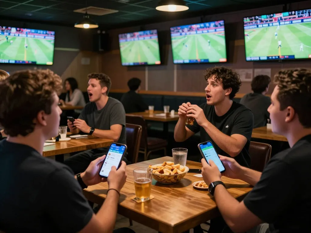 Excited patrons at a vibrant sports bar engaging with Net 88 betting apps during a live game.