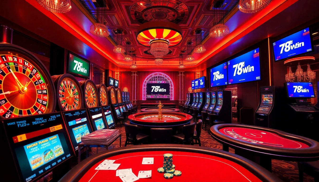 Experience the thrill of 78Win's vibrant casino scene with exciting tables and colorful slot machines.