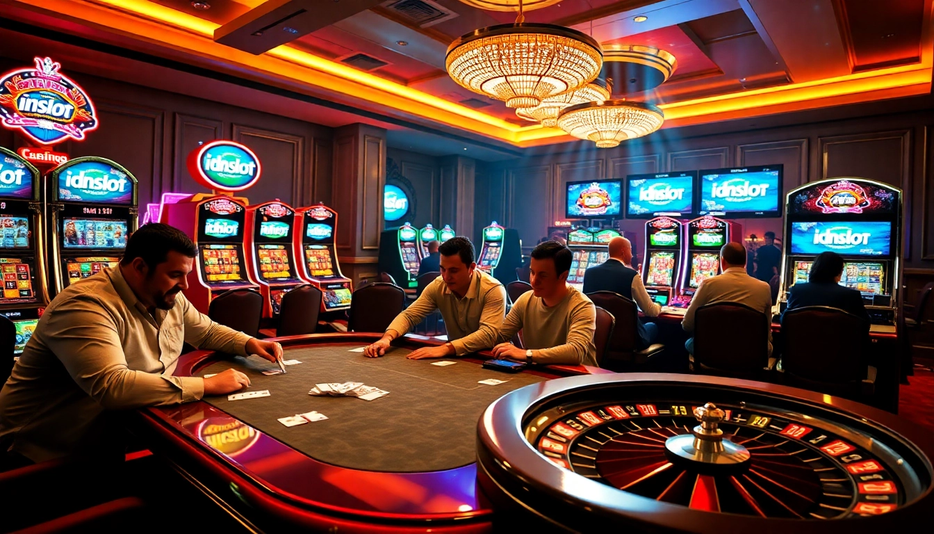 Players enjoying the thrill of idnslot, surrounded by vibrant casino elements and gaming excitement.
