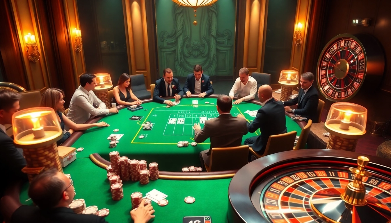 Players enjoying blackjack at https://ok365vi.net/ casino, with vibrant poker chips and elegant atmosphere.