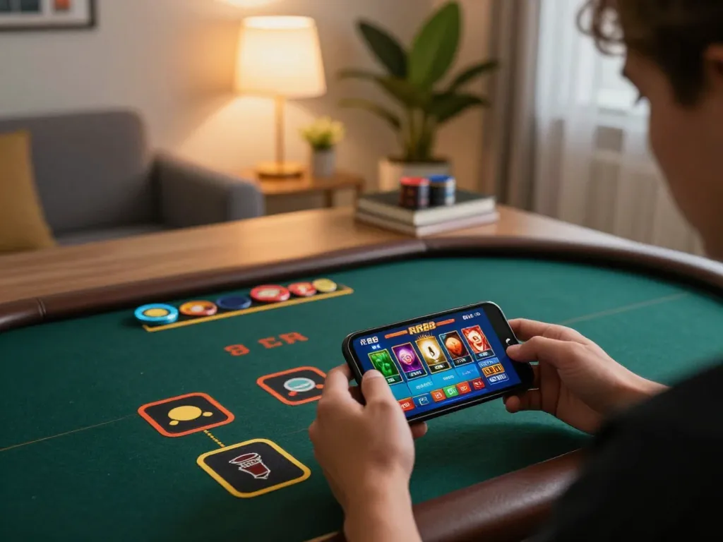 Mobile gaming on the RR88 app, showcasing vibrant casino interface and relaxed atmosphere