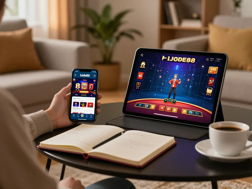 Lode88 players enjoying online gaming experience on smartphone and tablet in cozy home setting.