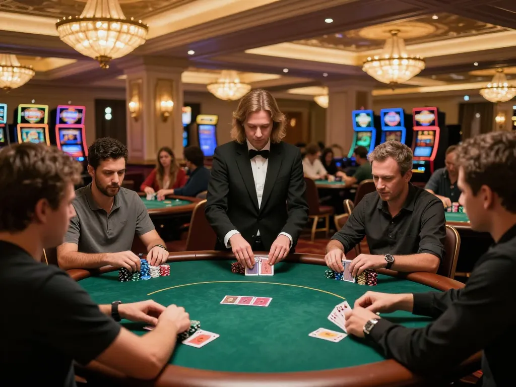 MAY88 poker players engaged in an exciting game at an upscale casino with warm ambient lighting