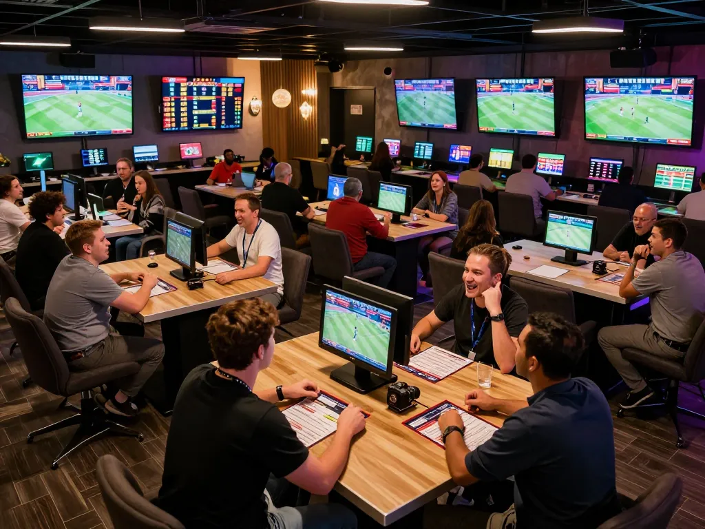 FABET sports betting lounge filled with excited bettors watching live games and placing bets.