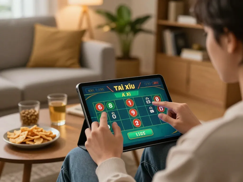 TaiXiuOnlineGo player engaged in live game betting on tablet in cozy home setting.