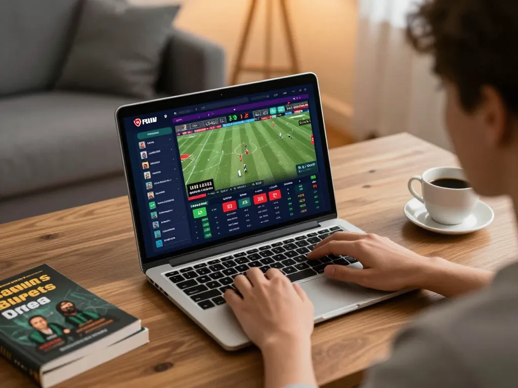 Xibet user placing live sports bets on laptop in a modern home office setting, showcasing excitement and engagement.