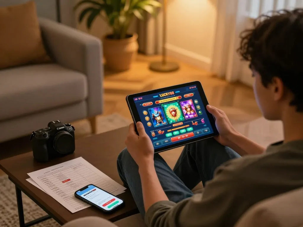 LUCKY88 player engaging in online gaming on tablet, showcasing a strategic betting environment in a cozy home.