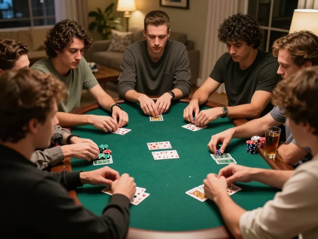 Friends enjoy a competitive poker night while playing sunwin, showcasing strategic gameplay with cards and chips on the table.