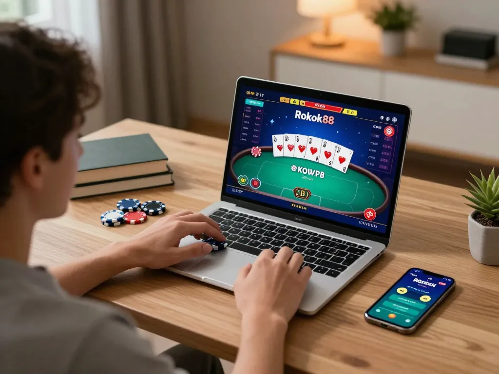 Engaged player enjoying online poker on Rokok88 platform, showcasing strategic gameplay.