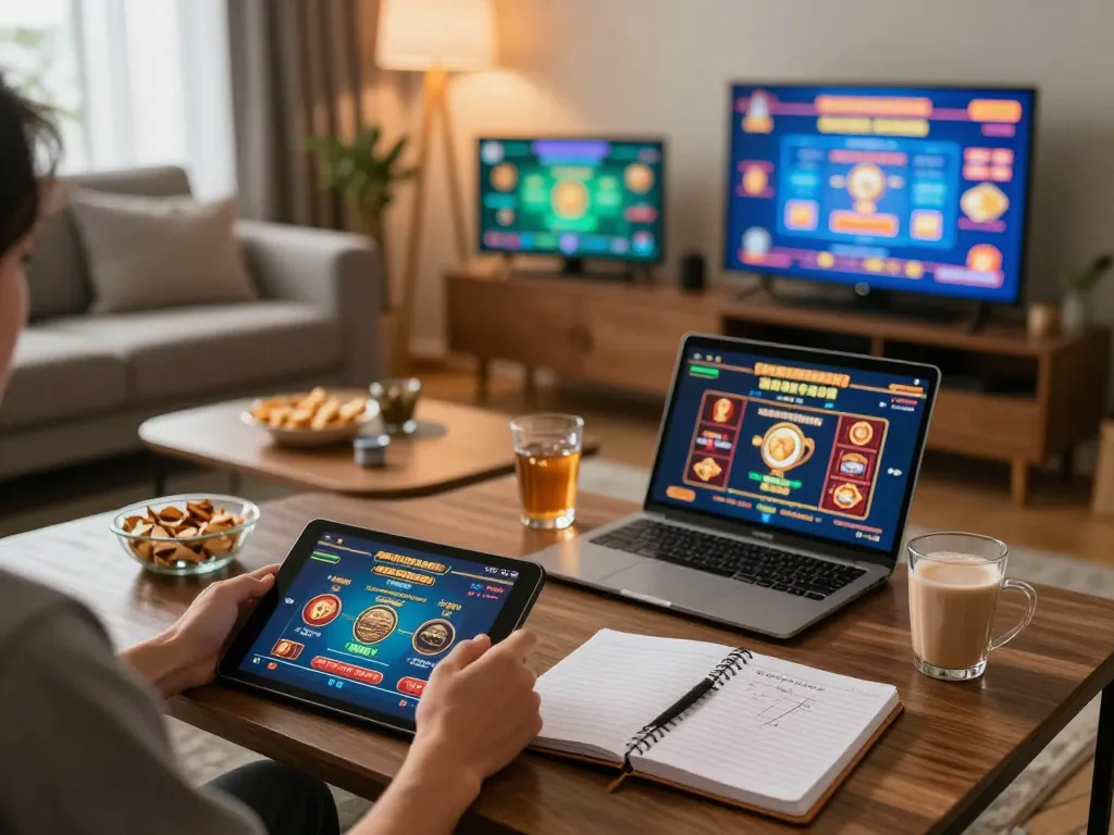 Engaging in online casino gameplay through link max88 with balanced strategies at home, showcasing a comfortable gambling environment.