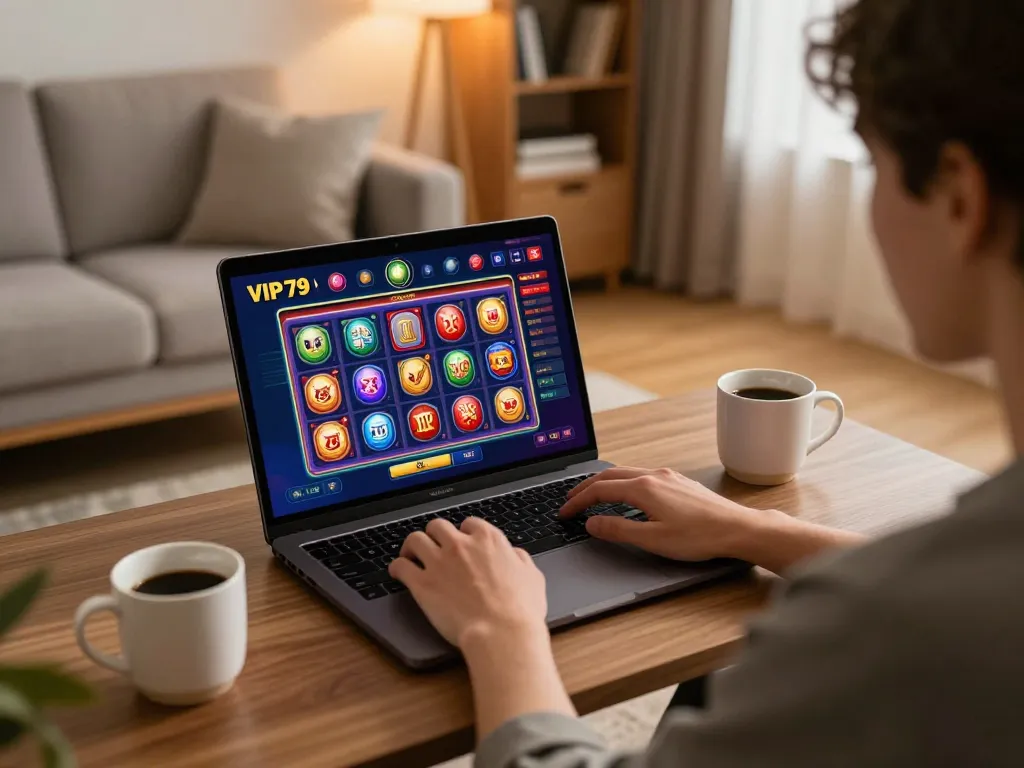 Engaging user playing vip79 casino games on a laptop in a cozy, well-lit living room
