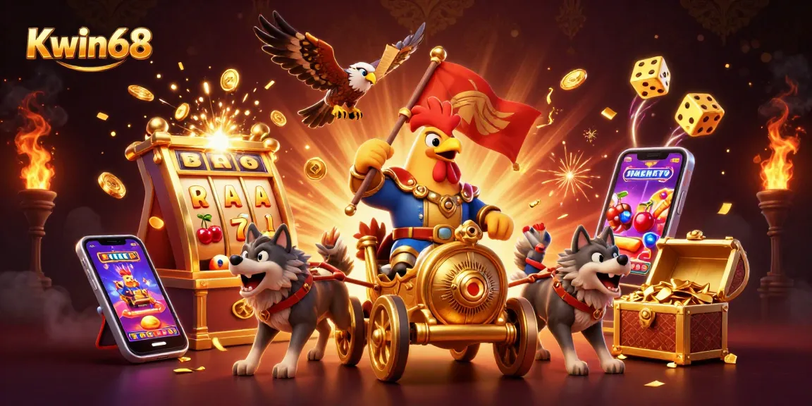 Kwin68's immersive casino experience featuring a rooster warlord and golden slot explosion.