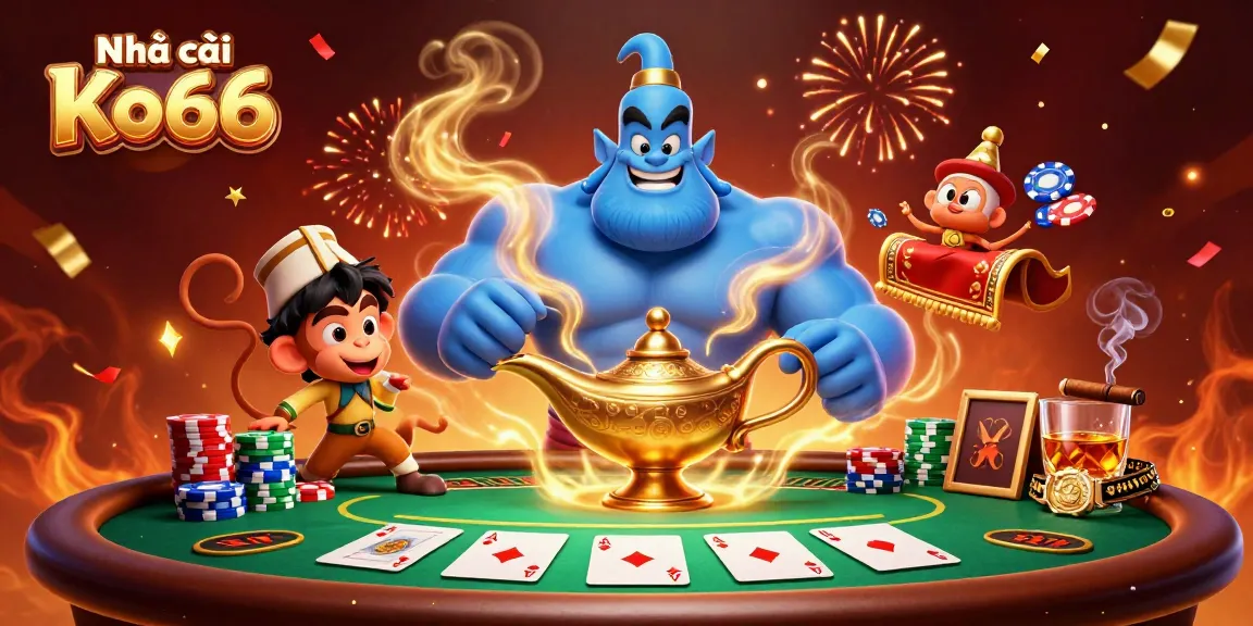 Engage in thrilling action at Nhà cái Ko66 with vibrant poker chips, a muscular genie, and enchanting elements.