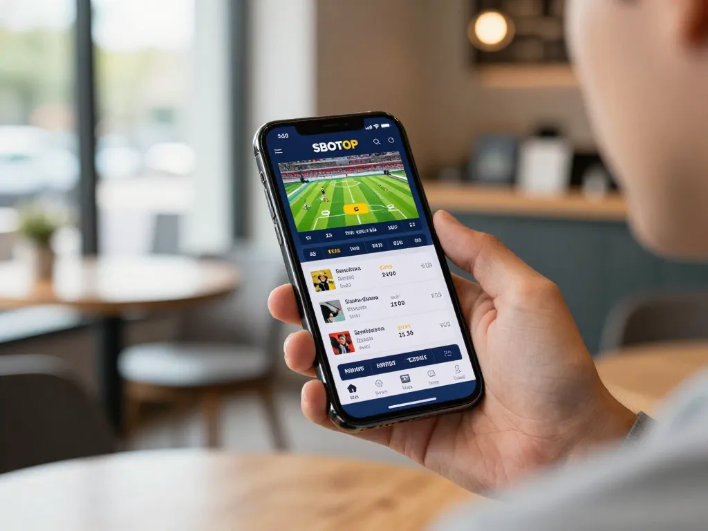 Sbo top user engaging with sports betting app on smartphone in vibrant café setting