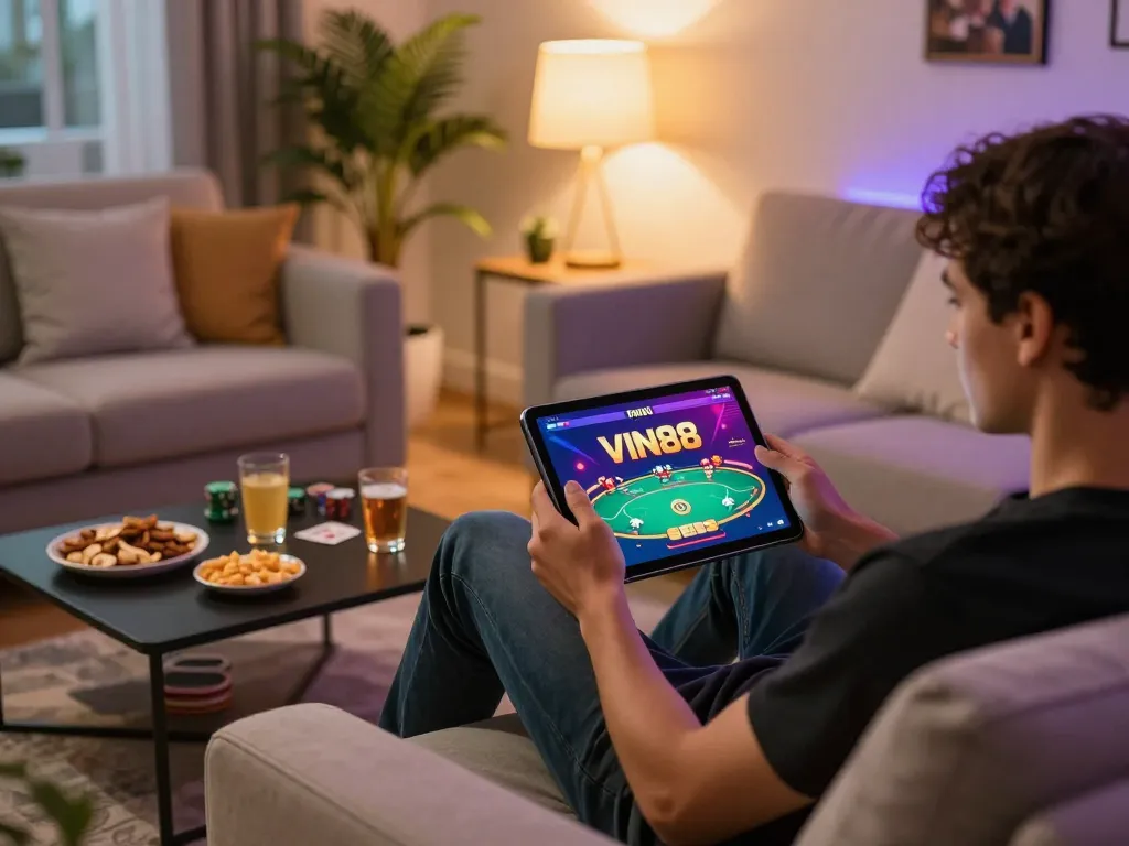 Player enjoying online poker at home using VIN88 app on tablet, showcasing vibrant graphics.