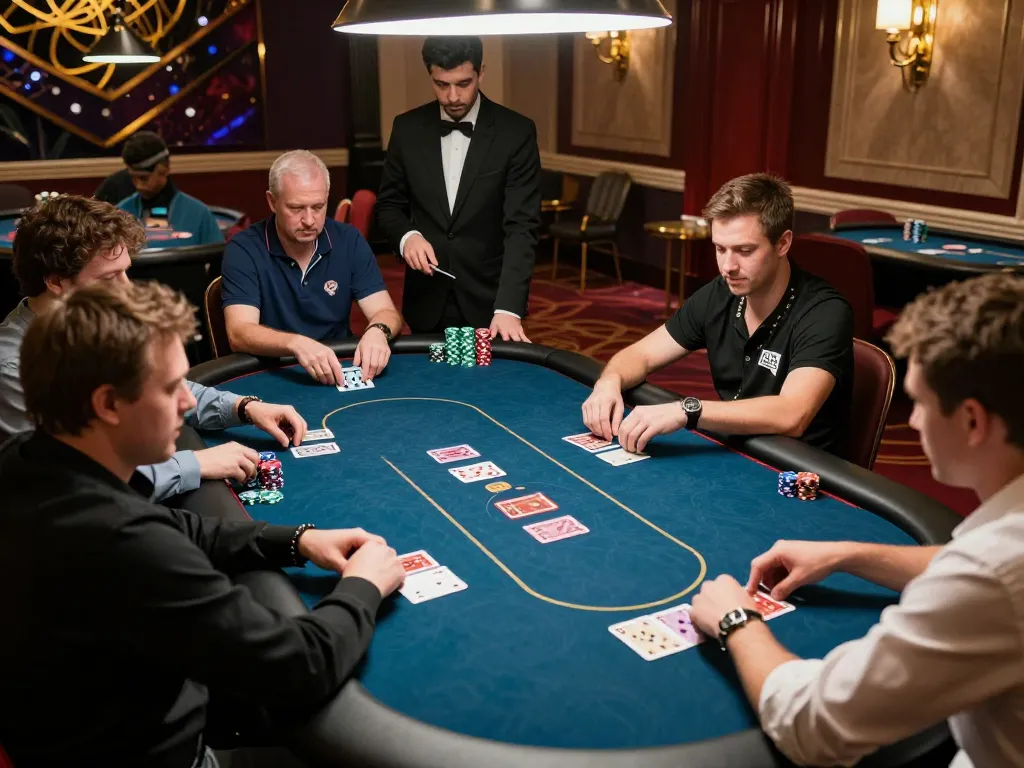 Engaged players at a VIP66 poker table analyzing hands during a high-stakes game.