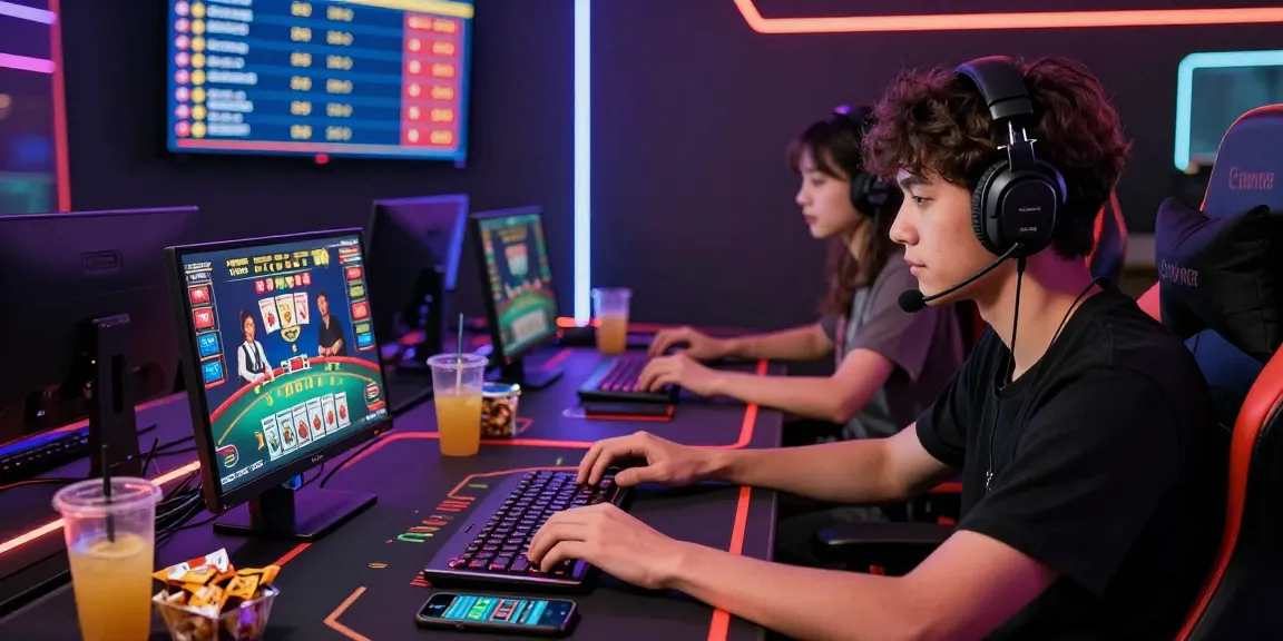 Young gamers intensely playing online baccarat with vibrant atmosphere and live dealer interaction.