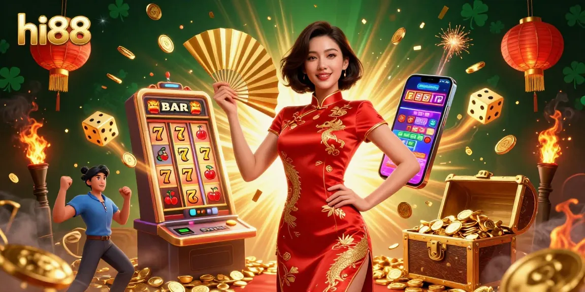 Experience the thrill of hi88 with a vibrant Asian woman in a stunning qipao, surrounded by dynamic casino elements.