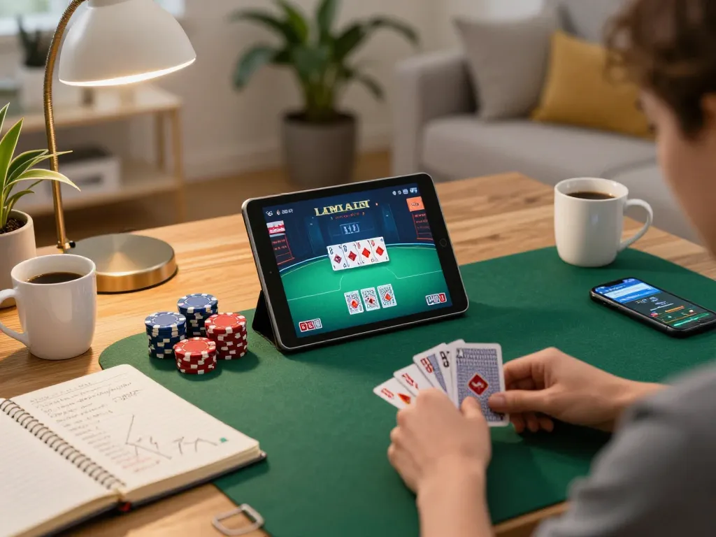 Engaging player using a tablet for debet poker game in a cozy home environment.