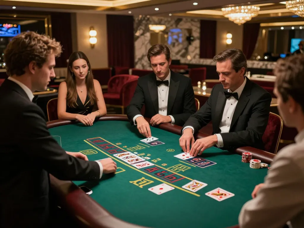 cm88 blackjack table scene with players focused on winning hands during a luxury casino game night.